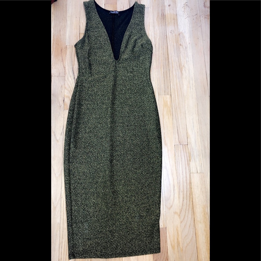 Green Shimmery Deep V Bodycon Midi Dress